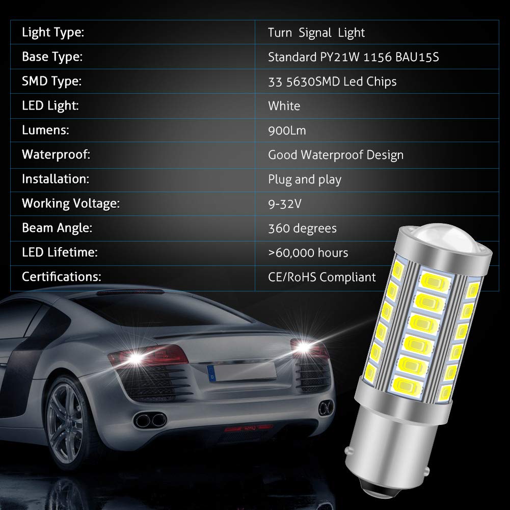 KATUR 10 szt. BAU15S 7507 1156PY PY21W 5630 33-SMD biała 900 lumenów 8000 K super jasna żarówka LED kierunkowskazu hamowania stop światła żarówka 12 V 3,6 W