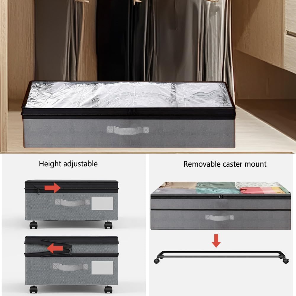 Under Bed Storage with Wheels Height Adjustable 2 Pack Under Bed Storage Containers with Clear Lid & Handles Rolling Under Bed Drawers for Clothes Shoes Toys Blankets Grey