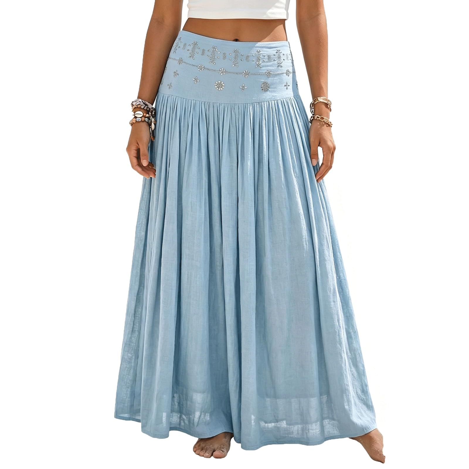 Women's Maxi Skirts Solid Color Midi Long Skirt Rhinestone Decor(Blu,Lagre)