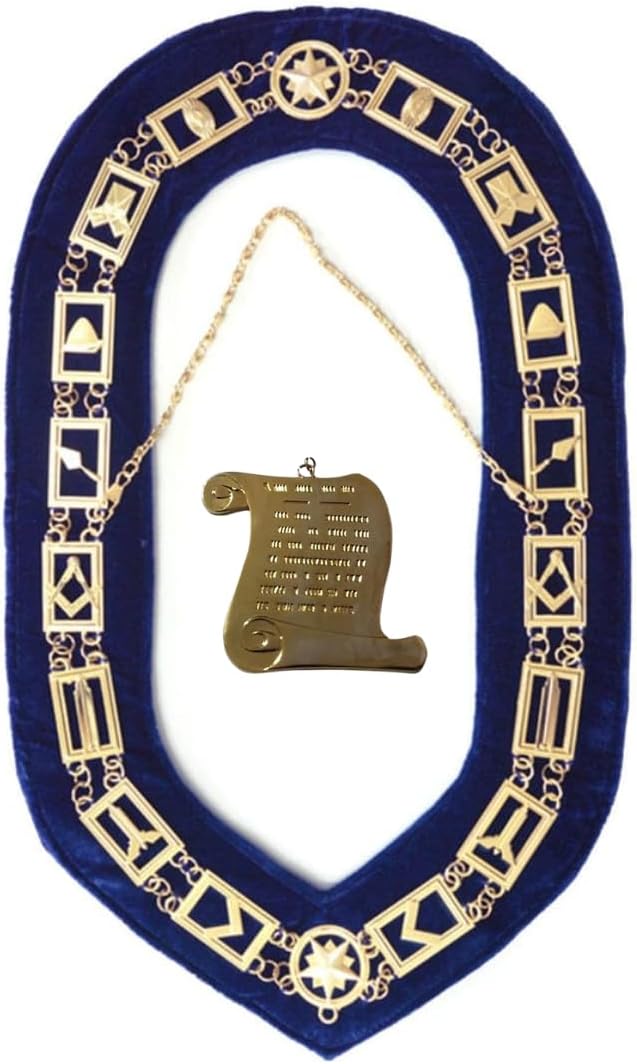 MASONIC BLUE LODGE OFFICER CHAIN COLLAR ORATOR MASTER JEWEL - MASONIC REGALIA BLUE LODGE CHAIN COLLAR GOLD CHAIN AND BLUE BACKING