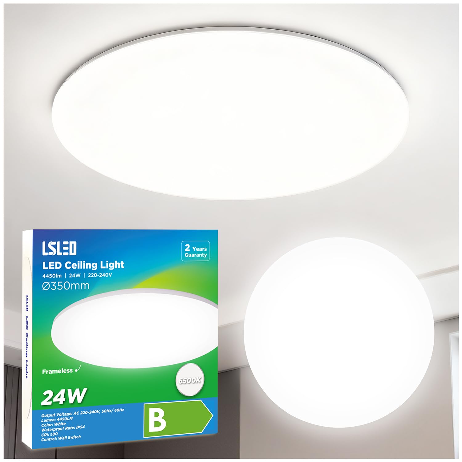 L5L3D LED Deckenleuchte 24W 4450lm, Ø35cm 6500K Tageslichtweiß IP54 Wasserdicht Ultraflaches Panel Rahmenloses Design für Wohnzimmer Küche Büro Bad, Rundes