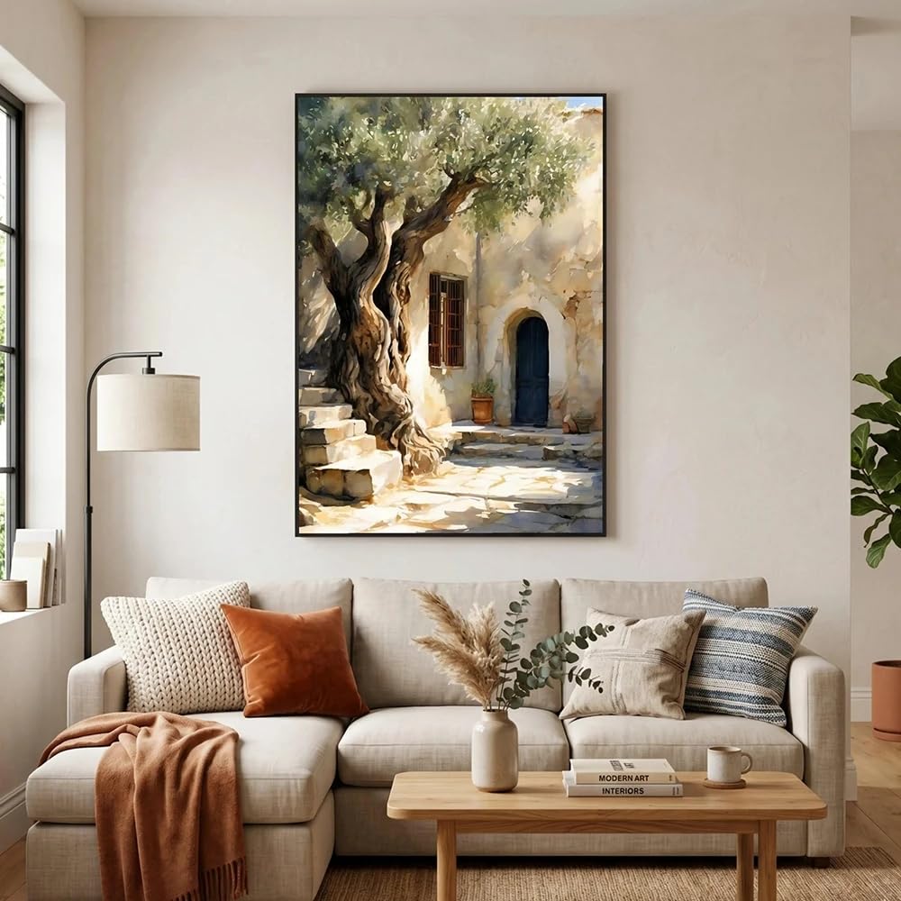 LTjiajuypd Canvas Print Rustic Mediterranean Courtyard Olive Tree Wall Art Sun Drenched Stone Stairs Vintage Interior(50x75cm)