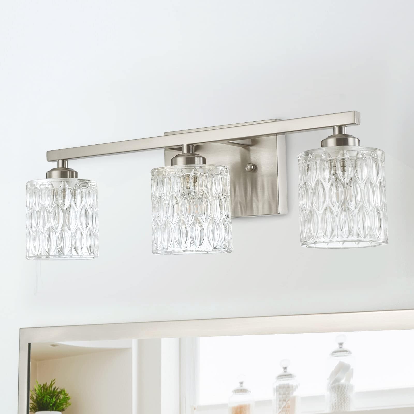 Modern Bathroom Light Fixtures 3-Light Crystal Glass Vanity Lights Over Mirror, Brushed Nickel (G9 Bulb Excluded)