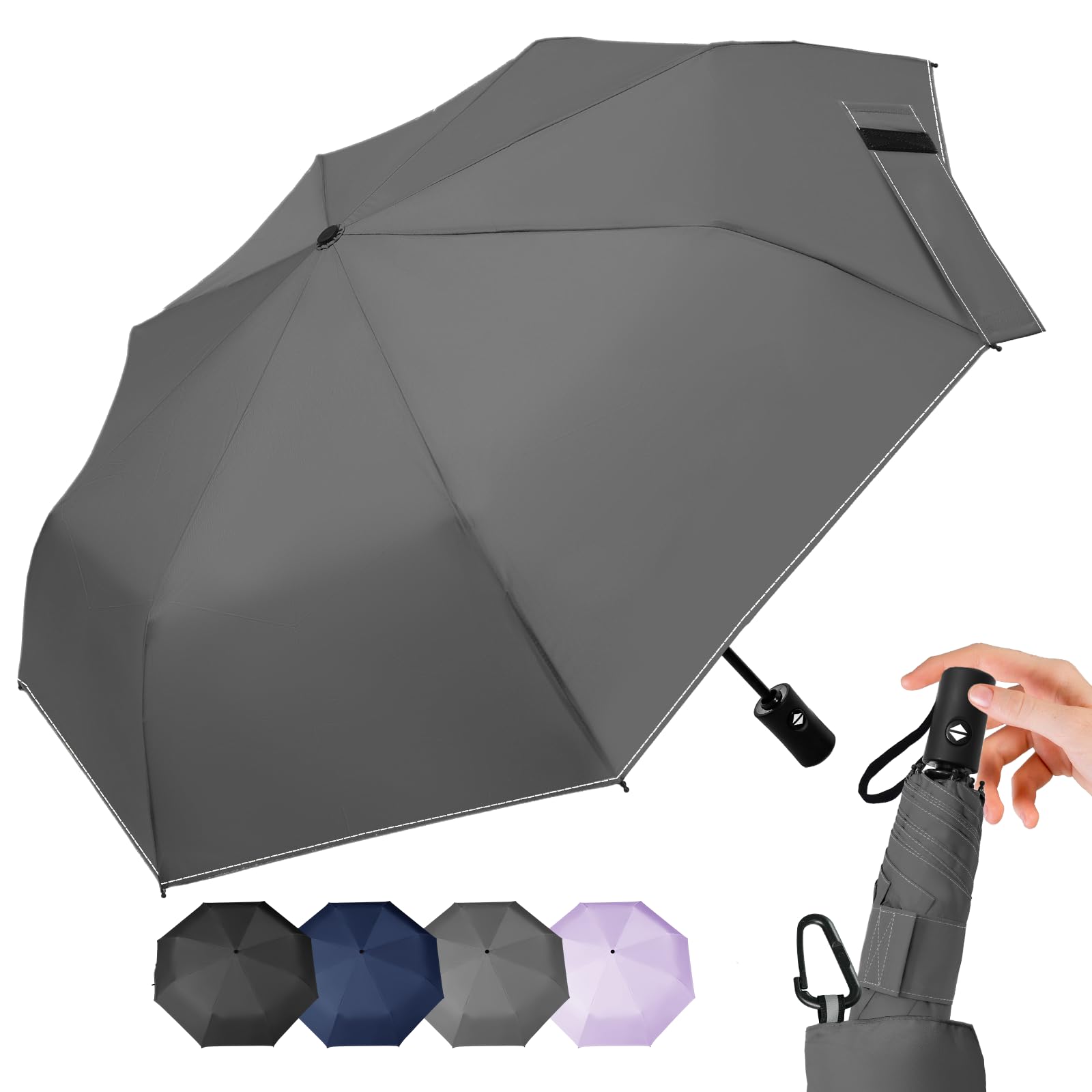 LILAC Regenschirm Klein Stabil Windfest, 110cm Taschenschirm Auf-Zu-Automatik, Kompakter Reiseschirm mit Klettverschluss & Karabiner, Leicht Faltschirm für Damen Herren