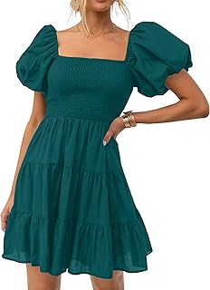 Women's Boho 2025 Summer Square Neck Puff Sleeve Off Shoulder Smocked Tiered Casual A Line Short Mini Dress - Buy now