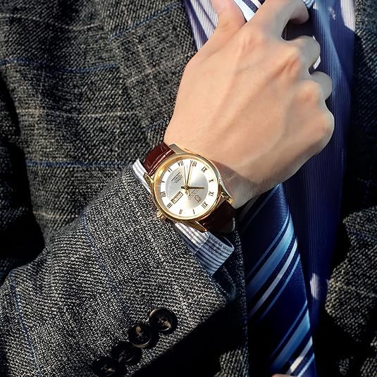 Image of ROCOSJEWE Men's Watch Fashion Automatic Watches for Men Men's Mechanical Watch Leather Strap Waterproof Calendar Week Gift RW0131, White, Business, Leisure, Fashion, Classic