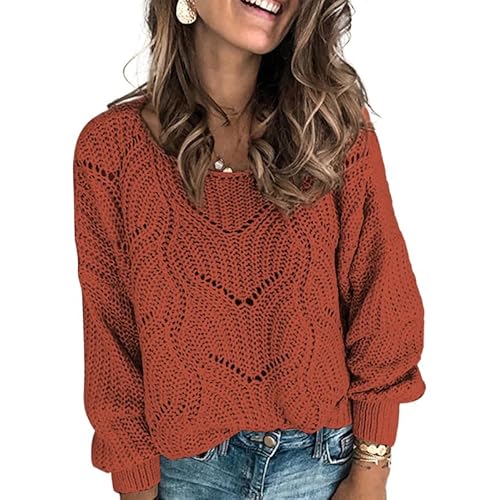 Dokotoo Womens Sweaters 2024 Cute Elegant Soft Crewneck Long Sleeve Hollow Cable Knit Pullover Tops