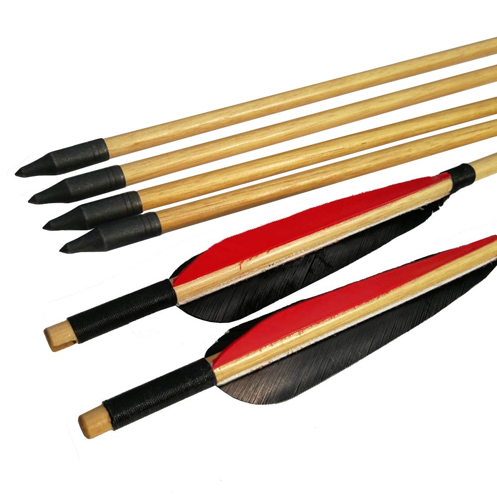 SHARROW 12pcs Tiro con L'Arco Frecce di Legno Frecce di Caccia Tradizionali Albero della Freccia in Legno con 5" Piume Naturali Metallo Punta di Freccia