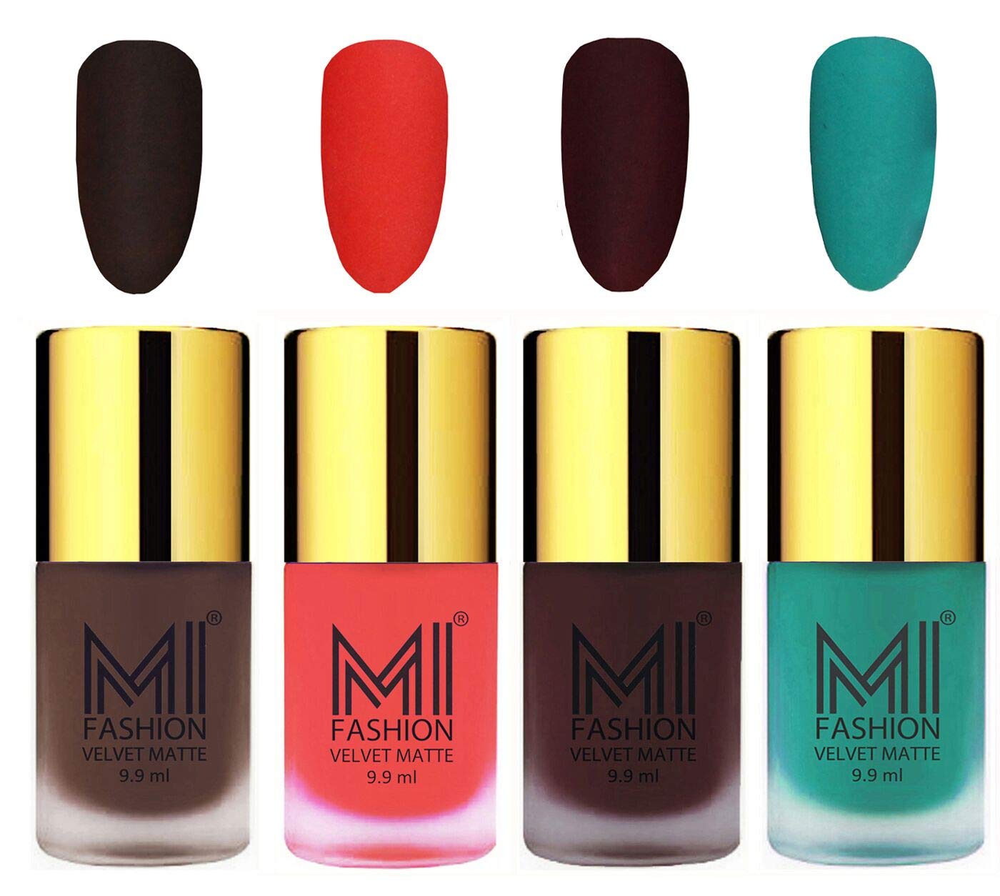 MI Fashion Matte Nail Paints Coffee, Neon Orange, Wine, Sky Blue Velvet Matte Nail Polish Combo of 4 Pcs 9.9ml each