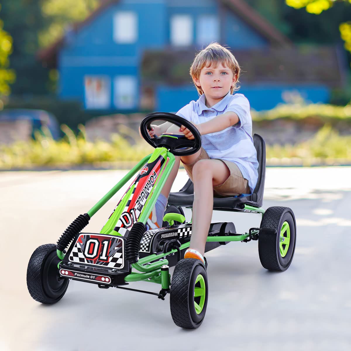 GYMAX Go-Kart a Pedali per Bambini con Sedile Regolabile con Freno e Frizione per Bambini 3-8 Anni, 98 x 59 x 61 cm (Verde)