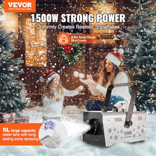vevor snow machine 1500w snow maker machine with 2 remotes control and 5l large capacity water tank high output snowflake maker stage snow effect for christmas halloween wedding dj parties