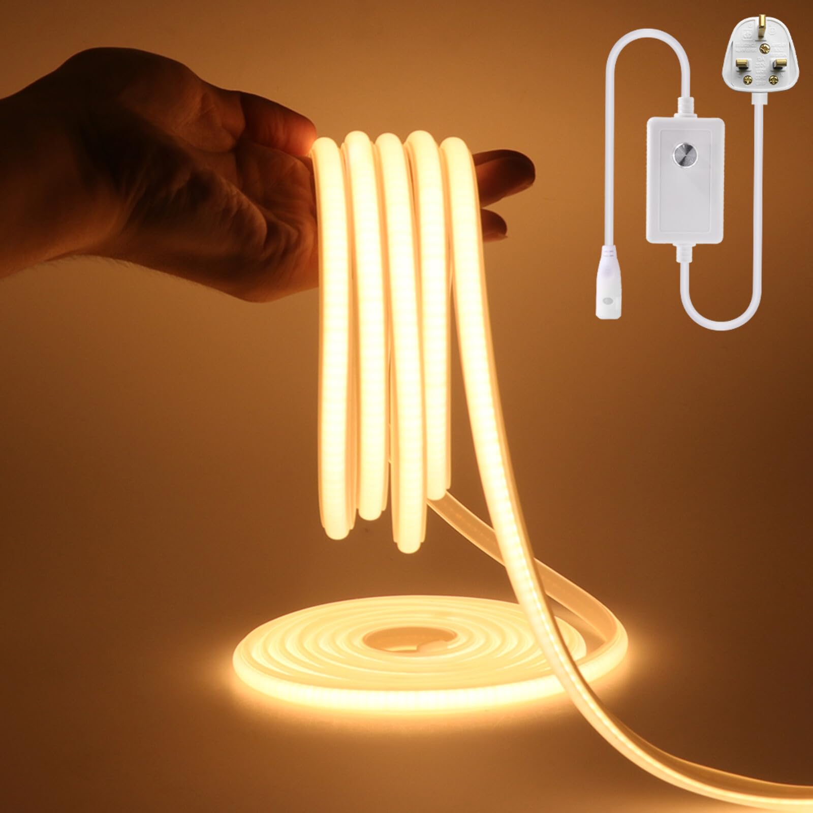 KAFULA 220V dimmable COB LED Light Strip, IP65 Waterproof Flexible, 288 LEDs/m Super Bright FCOB LED neon Light CRI90+, can be Cut Every 50 cm, Home Decoration [0.5m, Warm White 3000K]