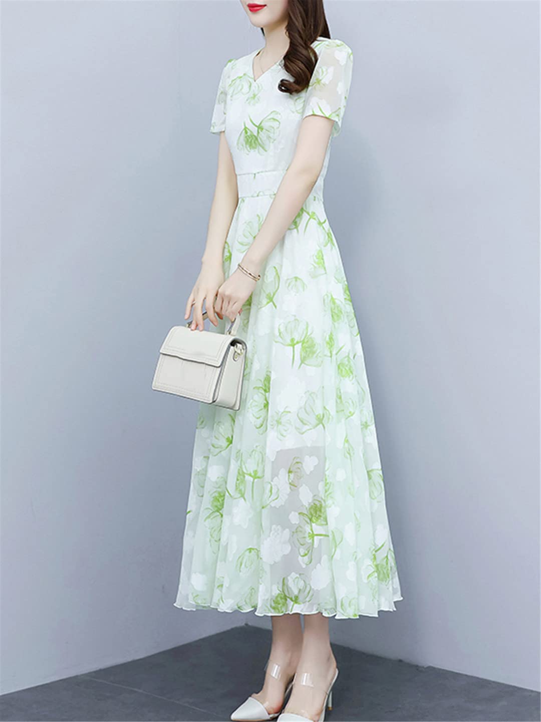 Abito midi casual floreale estivo da donna, elegante, in chiffon, lungo, formale, da sera