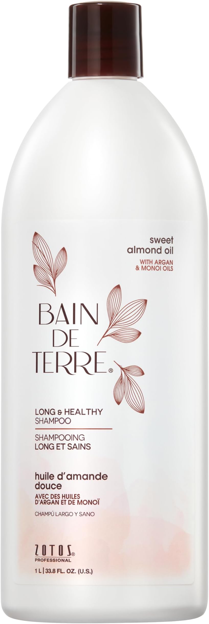 Bain de Terre Sweet Almond Oil Long & Healthy Shampoo, Strength & Protection for Weak, Damaged Hair, with Argan & Monoi Oils, Paraben-Free, Color-Safe, Vegan