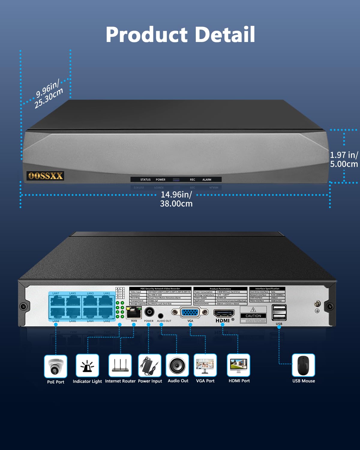 OOSSXX videoregistratore di rete di POE NVR di sicurezza di 8.0/4K Megapixel, nessun HDD | Supporta telecamere IP fino a 8 MP/4K, disco rigido da massimo a 8 TB, accesso remoto app gratuito, senza canone mensile