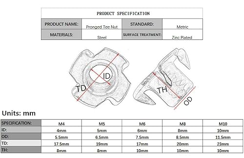 Miniatura 4 de NGe Tuercas en T M10 x 0.394 in, 4 puntas, tuerca en T para muebles de madera y sujeción de escalada, paquete de 50