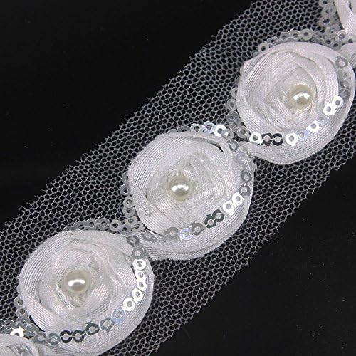 10yards White Sequin Chiffon Rose Flower Lace Fabric Trim Ribbon Trimming Applique Tape Sewing Supplies Wedding Dress T625