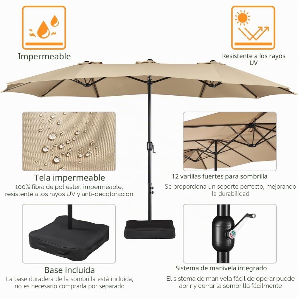 Yaheetech Sombrilla de Jardín con Base 12 Varillas Extragrande 447x265cm | Dodecagonal Grande,Protección UV,Mástil de 4,8 cm, Incluye Base y Bolsas de Arena,Ideal para Terraza/Patio/Piscina/Fiestas