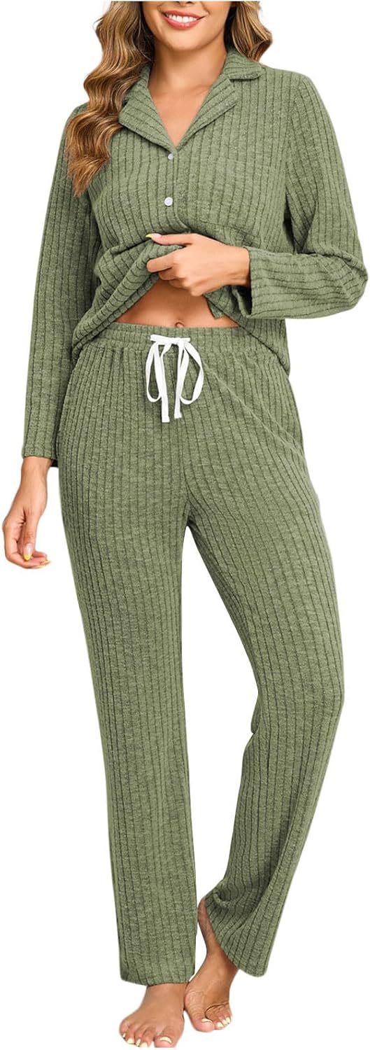Womens Pajamas Set Ribbed Knit Long Sleeve Pullover Top Jogger Pants Set 2 Piece Outfits Lounge Set Sleepwear
