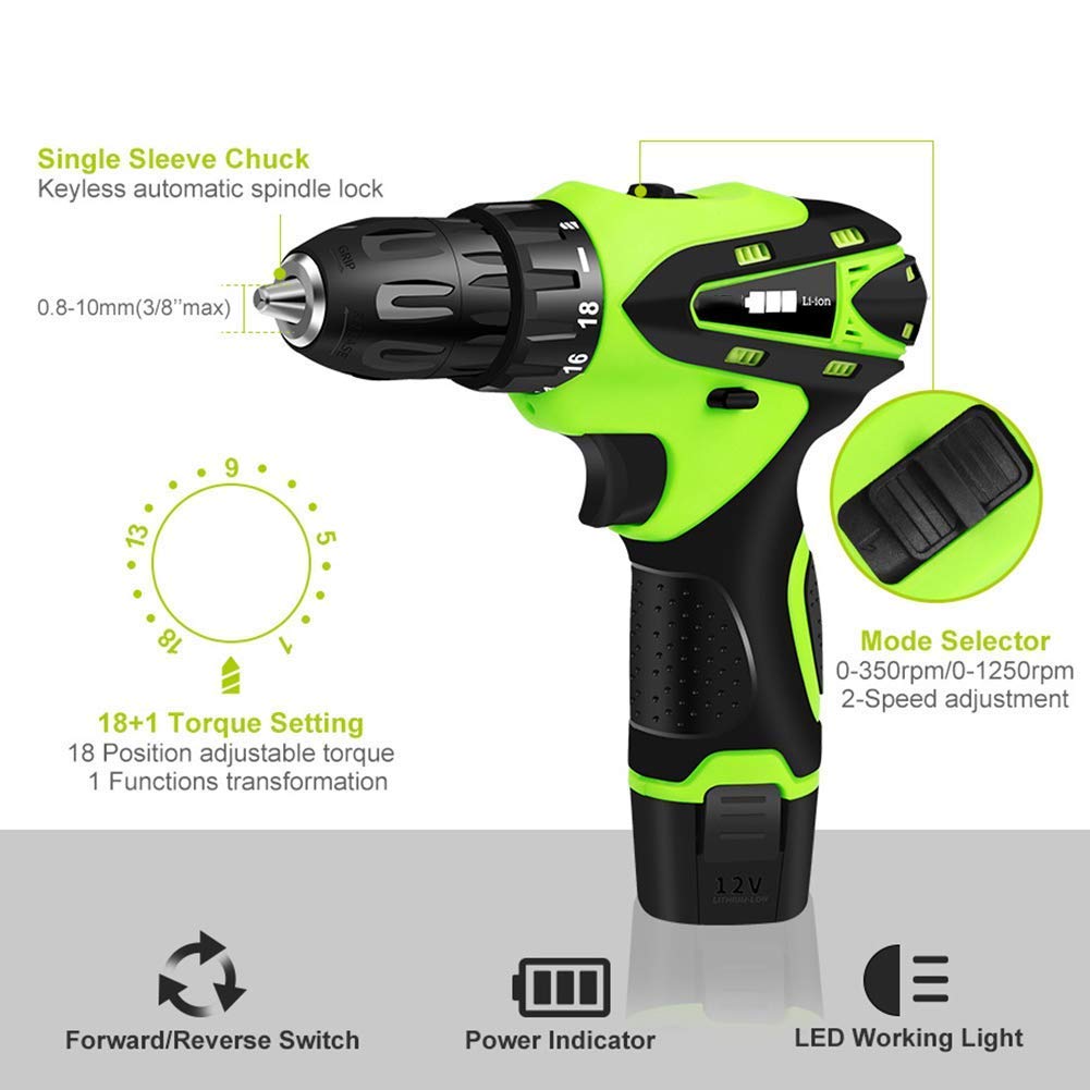 Trapano Avvitatore Professionale a Batteria 12V, Coppia Massima 32 NM, Utensili per la Lavorazione del Legno Fai da Te a 2 velocità