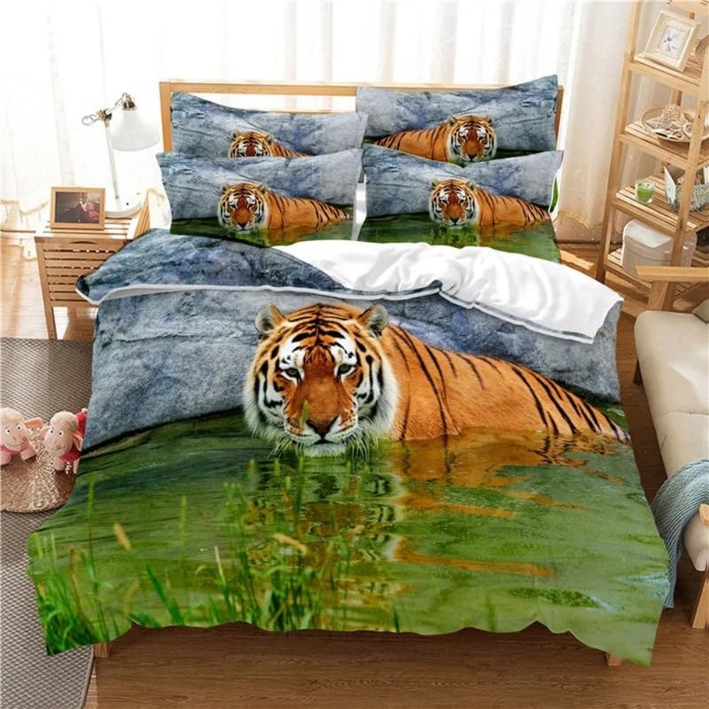 Parure de lit 140x200 tigre vert avec impression 3D haute définition et 2 taies