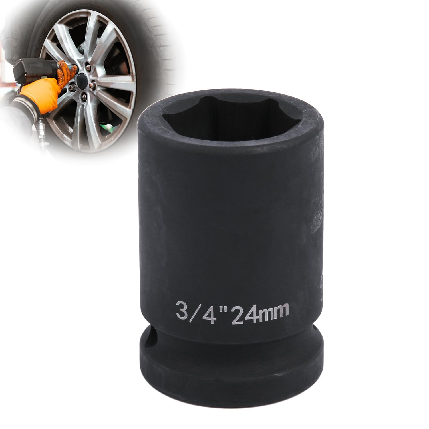 Deep 6-Point Impact Socket 3/4" Drive 24mm,Chrome Molybdenum Steel, Anti-Rust Metric Hex Socket for Car Repairs and Impact Wrench
