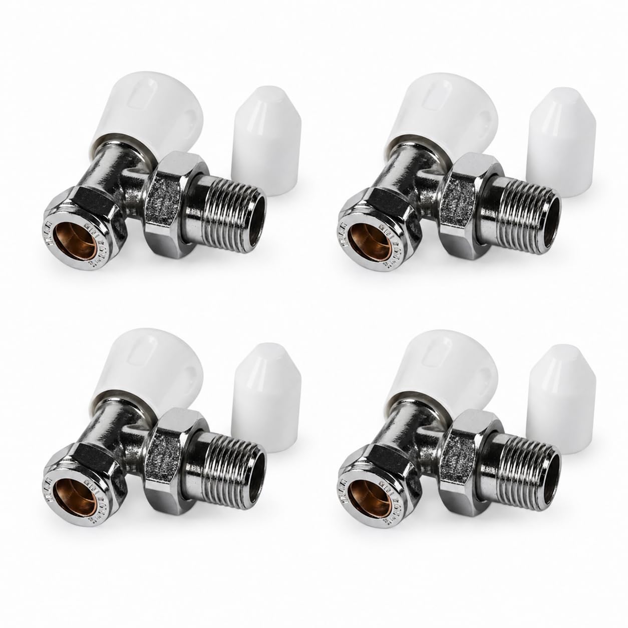 Kartell Angled Radiator Valve LS/WH, Chrome with White Handles, 15mm Thermostatic TRV & Lockshield (4, White & Chrome)