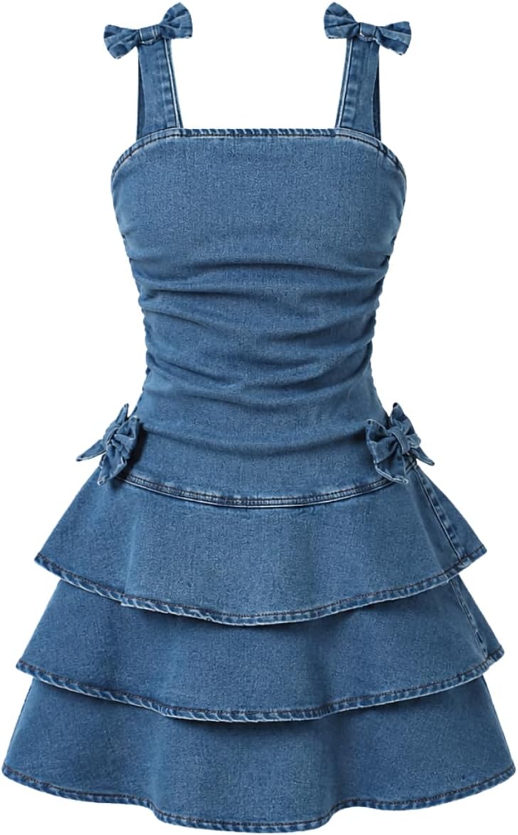 Tween Girls Denim Dress Square Neck Ruffle Hem Summer Casual Dresses Size 7-14