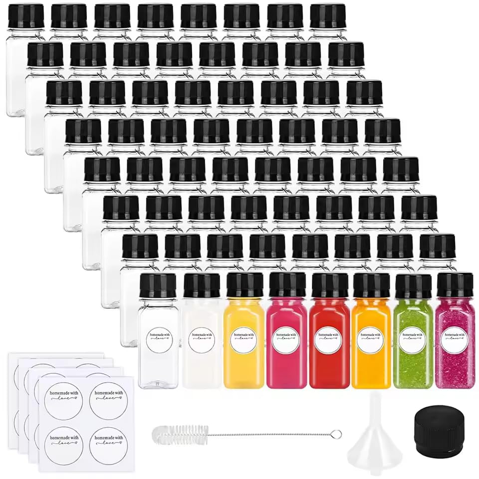 Botellas de jugo de plástico reutilizables de 2 onzas con tapas, juego de 6/12/24/48 con tapas a prueba de fugas, embudo, etiquetas y cepillo de limpieza, mini botellas para chupitos de jengibre