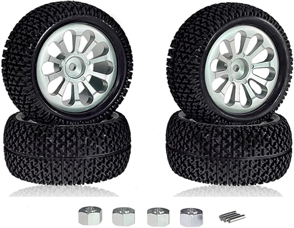 4PCs Metal Wheel Rim & Rubber Tires with Hex Coupler for MJX Hyper Go RC Car H16BM H14BM H16GT H16DR 14210 14209 1/16 1/14 RC Car Tire Parts Rubber Upgraded Strong Grip Off-Road Tires (silver)