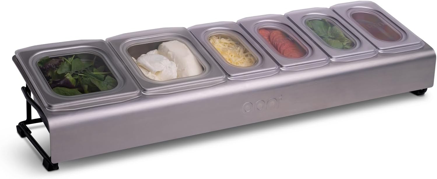 Ooni Stainless Steel Pizza Topping Station Â– 2 X 1.6L And 4 X 0.8L Containers With Custom Fit Lids, Pizza Oven Accessories, Outdoor Kitchen Accessories, Grey