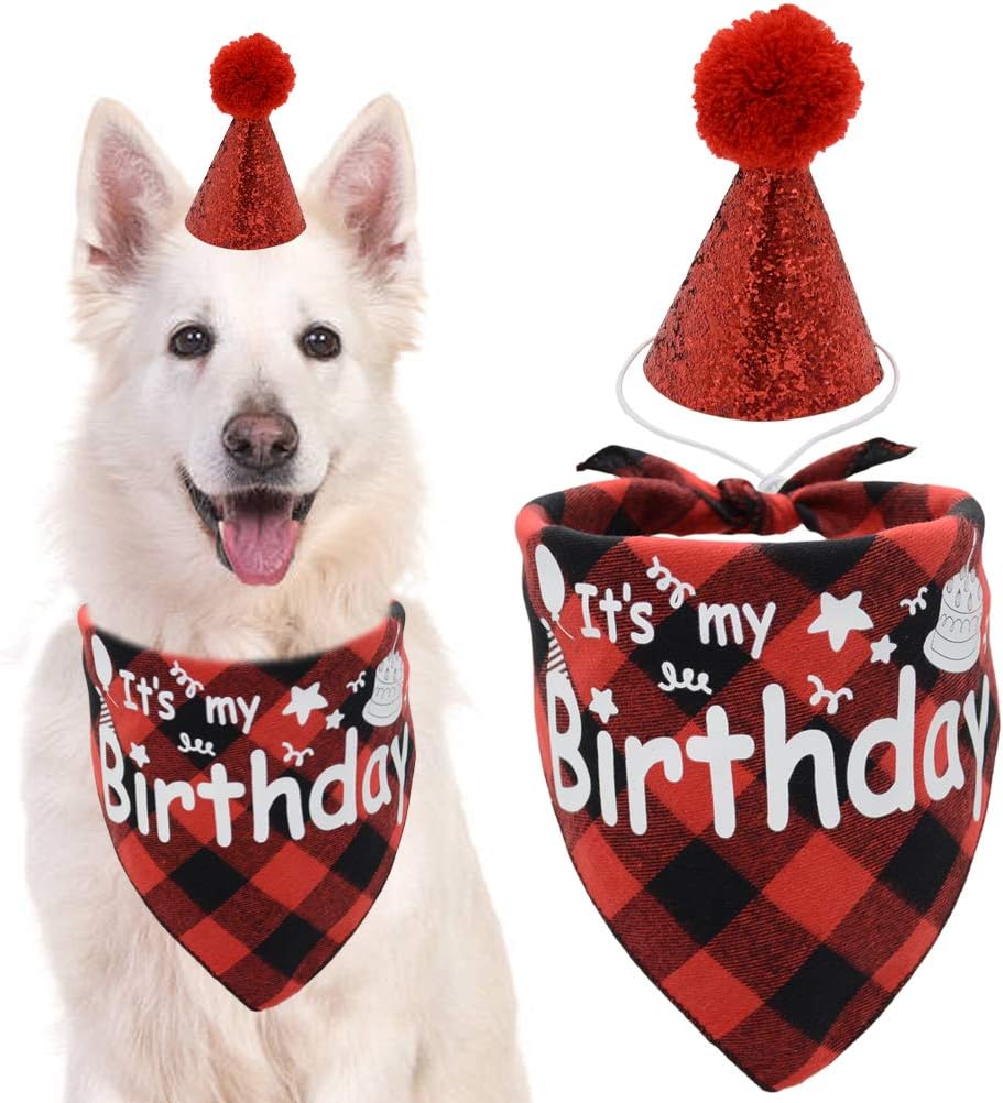 Dog Birthday Bandana Scarf with Cute Bling Hat Pet Party Supplies Boy and Girl for Small Medium Large Dogs Red