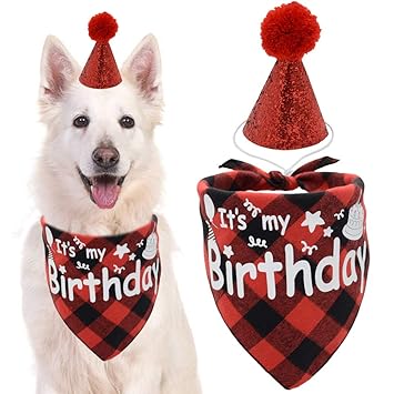 Dog Birthday Bandana Scarf with Cute Bling Hat Pet Party Supplies Boy and Girl for Small Medium Large Dogs Red