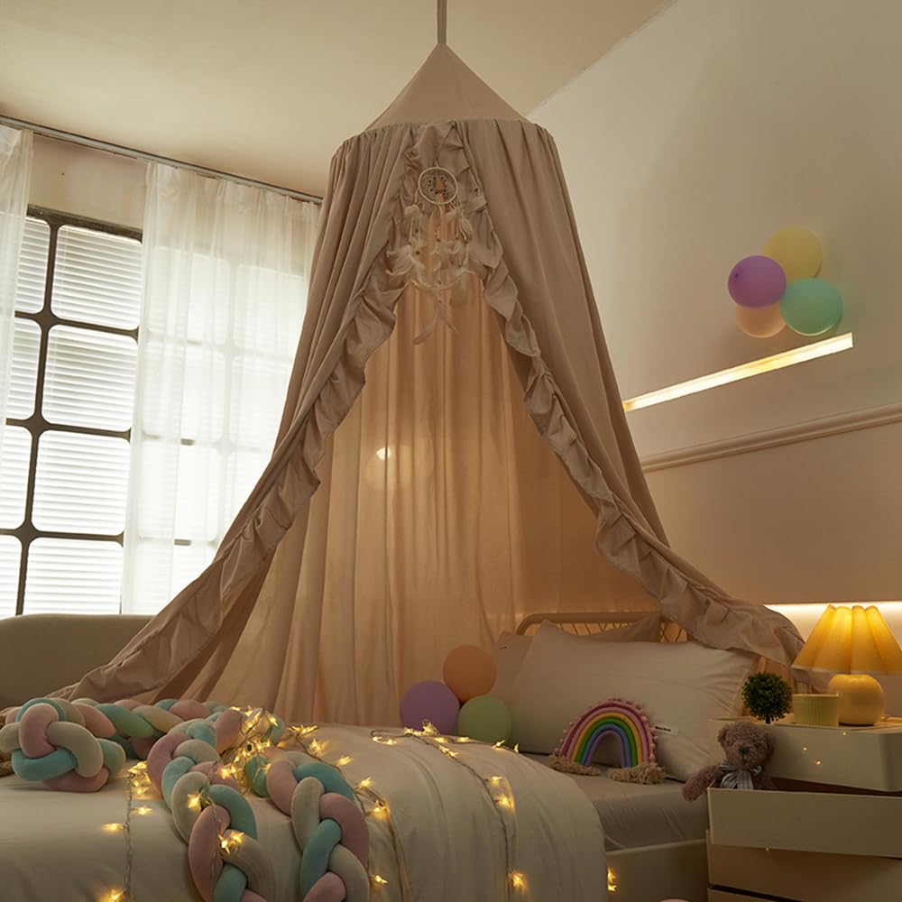 ZIQINPSQ Bed Canopy for Girls with Ruffled,Princess Round Dome Children Dreamy Mosquito Net Girls Room Decor Castle Play Tent,Children Reading Nook Canopies (Ivory) - Image 4