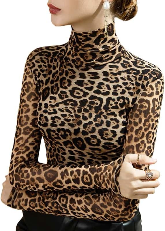 Women's Sexy Autumn Slim Fitting Long Sleeved Turtleneck Pullover Bottom Shirt Mesh Lace Perspectives T-Shirt Top. - Image 5