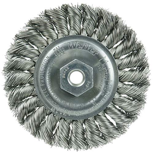 Image of Weiler 13110 Standard Twist Knot Wire Wheel 4 inch, .014 inch Stainless Steel Fill, 3 /8 inch-24 UNF Nut, Made in The USA (Pack of 5)
