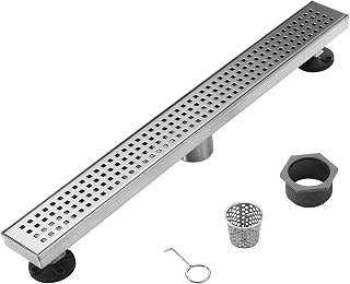 RUN.SE 24in Linear Shower Drain Bathtub Drain with Removable Square Hole Pane Grate Floor Drain, Adjustable Leveling Feet, Hair Filters, Brushed 304 Stainless Steel Process