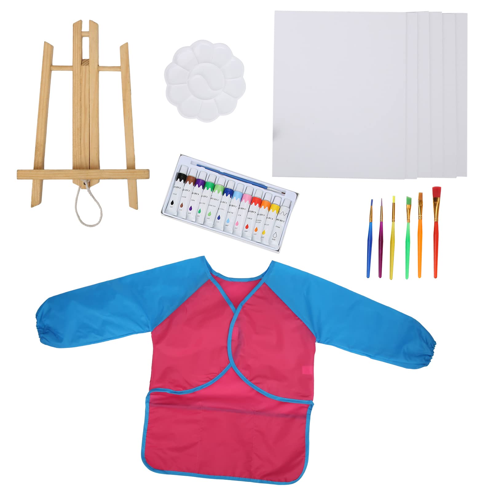Juego de pintura acrílica para niños, kit de pintura artística para niños con caballete de madera, 12 colores vibrantes, 6 pinceles, bata, caballete de mesa portátil para el hogar (Rosa roja)