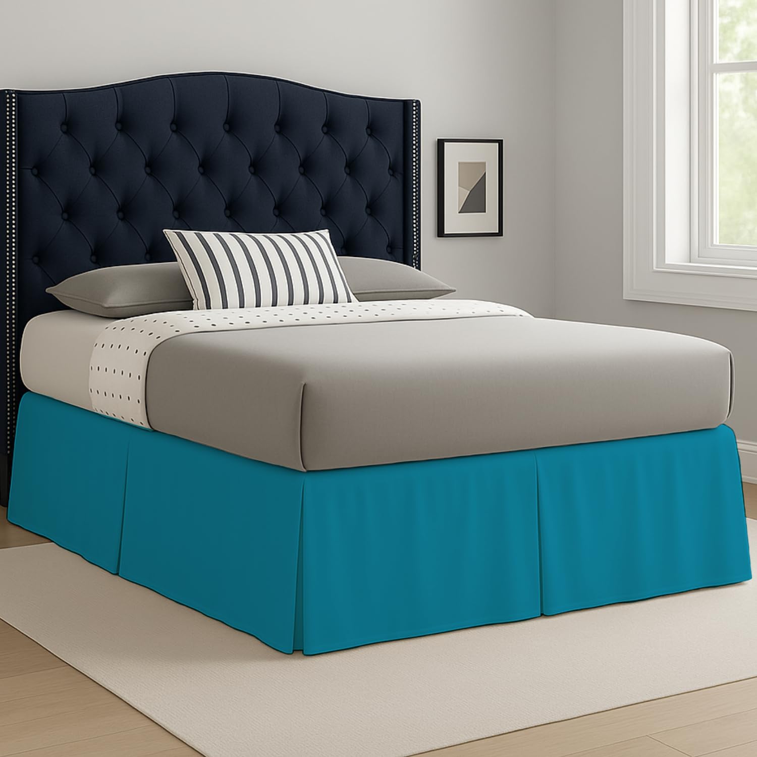 Laam Linen Teal Easy Care Plain Dyed Polycotton Pleated Base Valance Sheet Hotel Quality Bedding Sets (, Double)