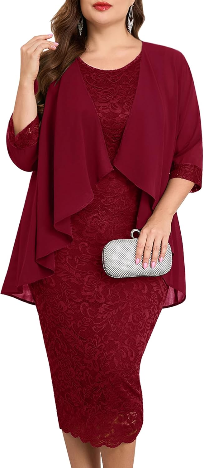 CYCLAMEN Plus Size Formal Mother of The Bride Groom Dress Suit with Jacket Lace Chiffon 2 Pcs Set Outfit Wedding Guest