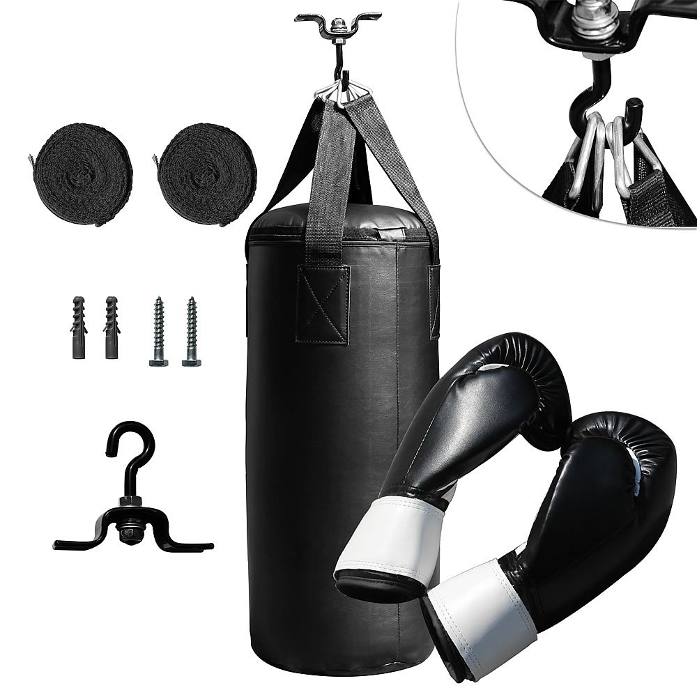Melko Boxsack Sandsack 10 kg inkl. Boxhandschuhe Aufhängung 56x26 cm | gefüllt, inkl. Bandagen und Deckenbefestigung, aus Kunstleder, Handschuhe 6 oz, für Kickboxen und Training zuhause