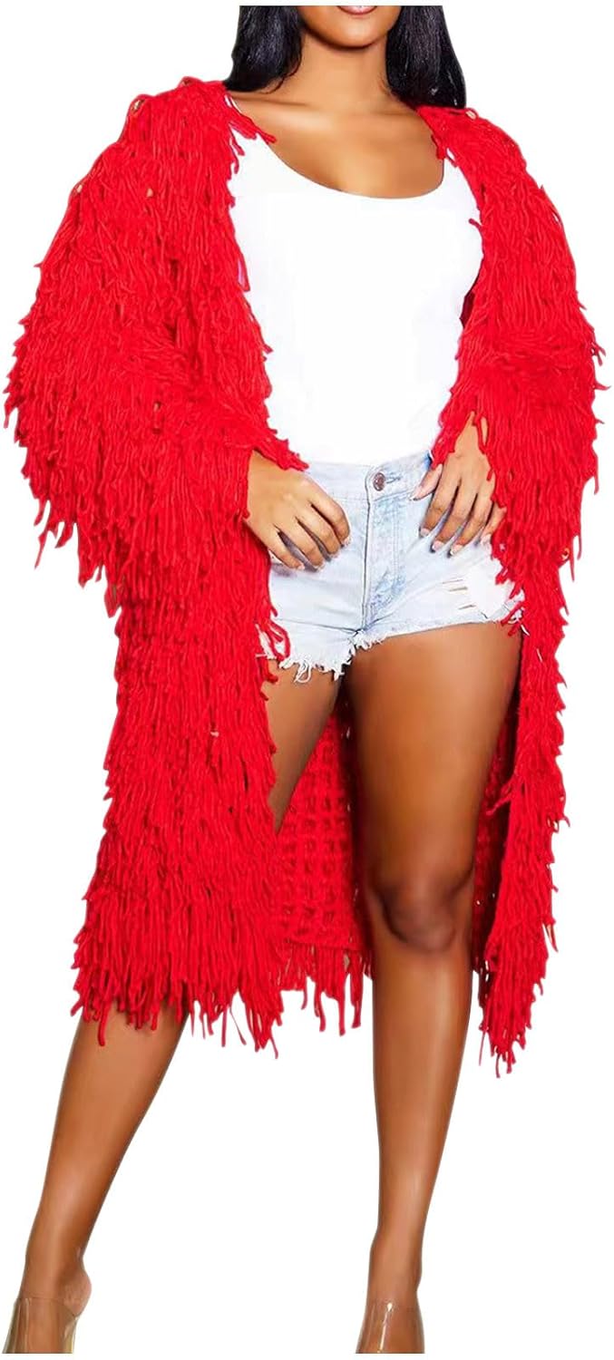 HGps8w Women's Tassels Knit Cardigan Sweaters Oversized Open Front Long Sleeve Jacket Dressy Casual Solid Winter Coat