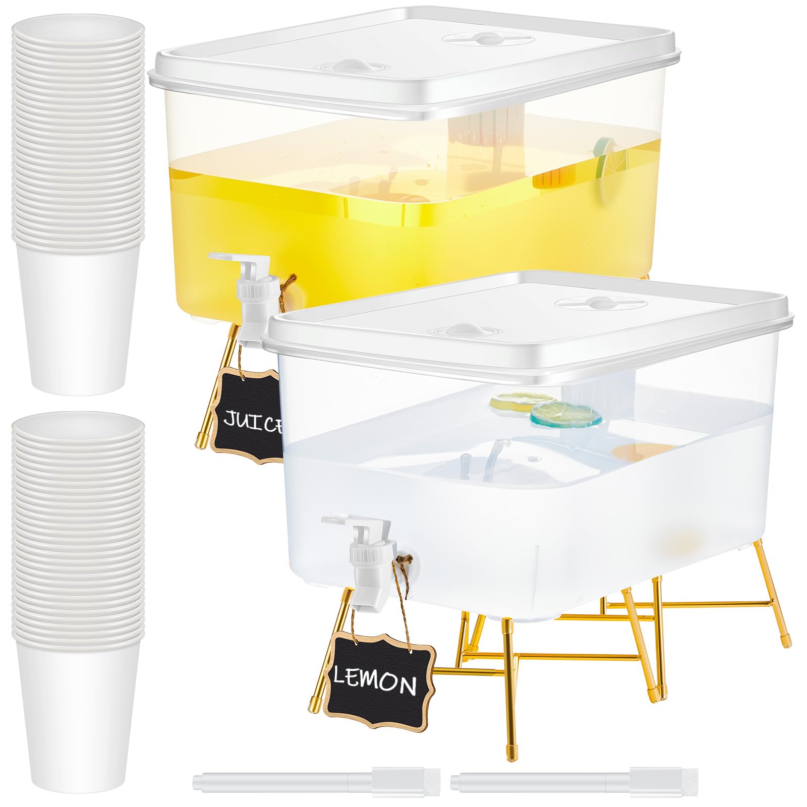 2 Pack 3.4 Gallon Beverage Dispensers with 60 Pcs Disposable Cups Plastic Drink Dispensers with Stand for Parties Water Dispenser Cold Drink Container for Iced Tea Fridge Bar Party