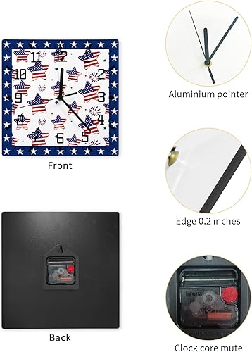 Miniatura 2 de 4th of July Wooden Wall Clock Silent Non Ticking, American Flag Blue Star Square Wall Clock Battery Operated, Decor Clock for Home Office, Living