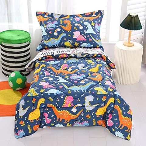 Wowelife Blue Dinosaur Bed Set Toddler for Boys 4 Piece Toddler Comforter, Flat Sheet, Fitted Sheet and Pillowcase(Grey Blue Dinosaur) Cover