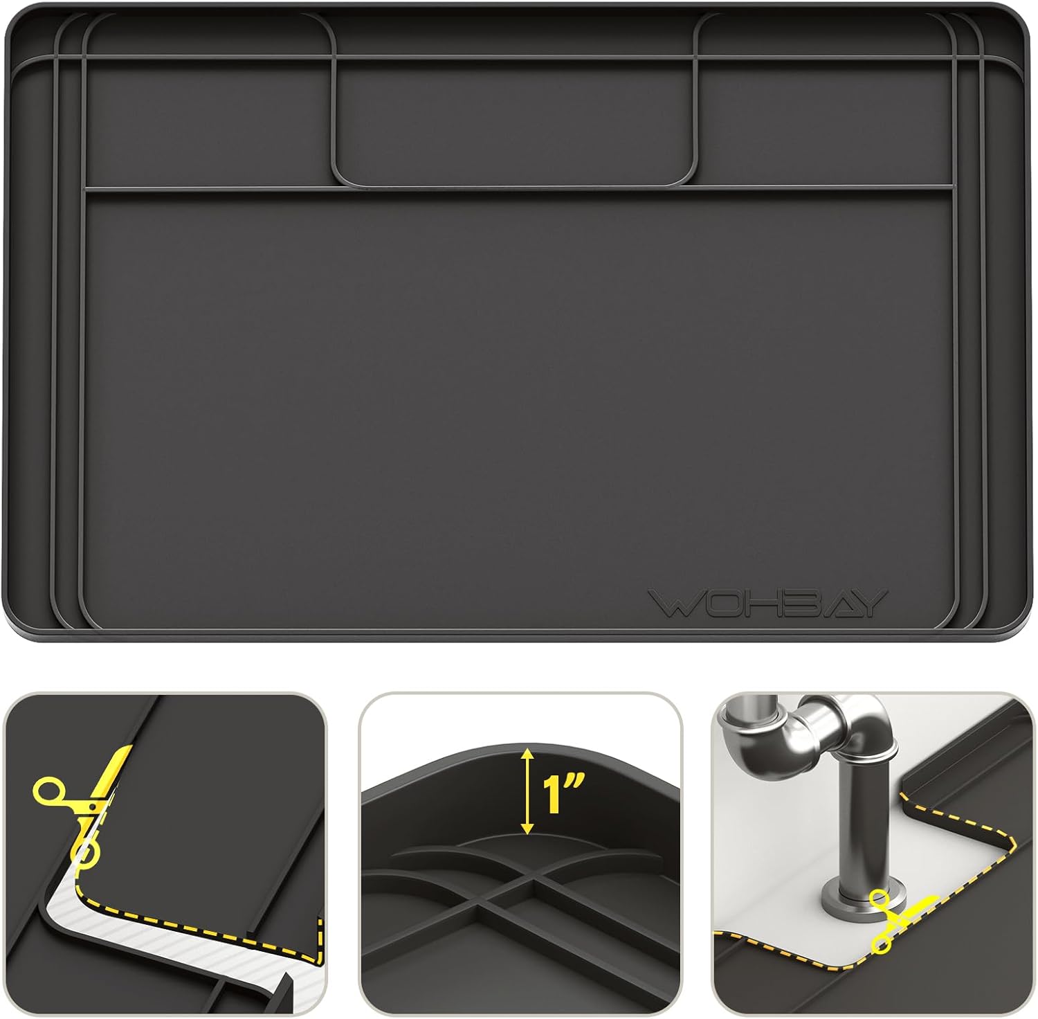 Under Sink Mats for Kitchen Waterproof, 34" X 22" Or Smaller Cut to Fit Under Sink Drip Tray for Kitchen Bathroom Cabinets, Silicone Liner Hold Up to 3.3 Gallons Liquid - Grey