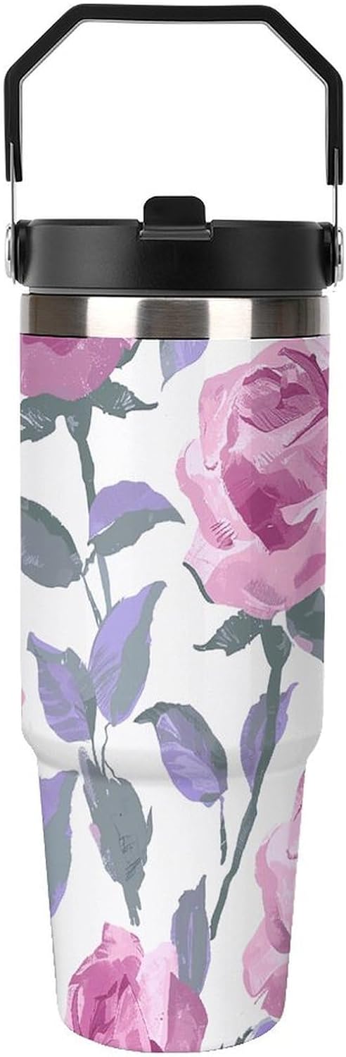 30oz Insulated Tumblers with Top Handle, Stainless Steel Vintage Style Painting Car Cup with Straw for Gift, Leak-Proof Double Wall Vacuum Travel Mug, Personalized Water Bottles Black