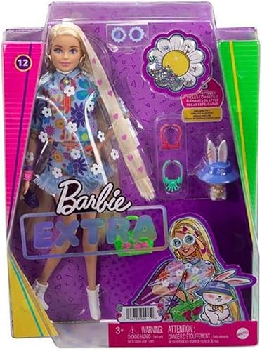 Miniatura 6 de Barbie Muñecas y accesorios muñeca Barbie extra a la moda cabello rubio largo con iconos de corazón y conejo de mascotas moda floral juguetes y
