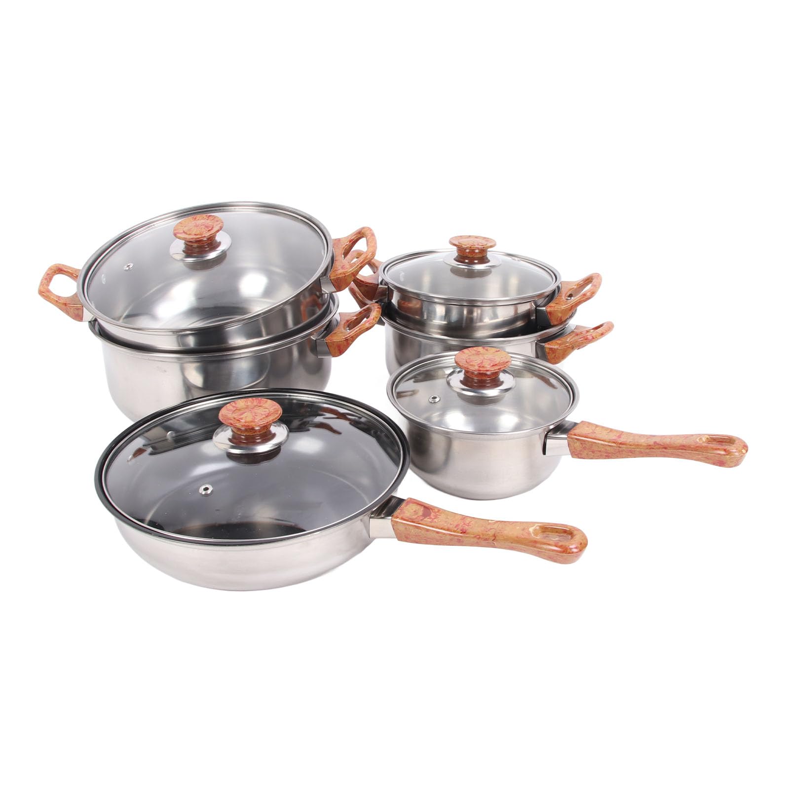 KIMISS Juego de Ollas y Sartenes Multifuncionales, Modelo Veteado de Madera, Acero Inoxidable, Vidrio, Plástico Fenólico con Ergonómico, Juego de Utensilios de Cocina para Sopa - de Utensilios de
