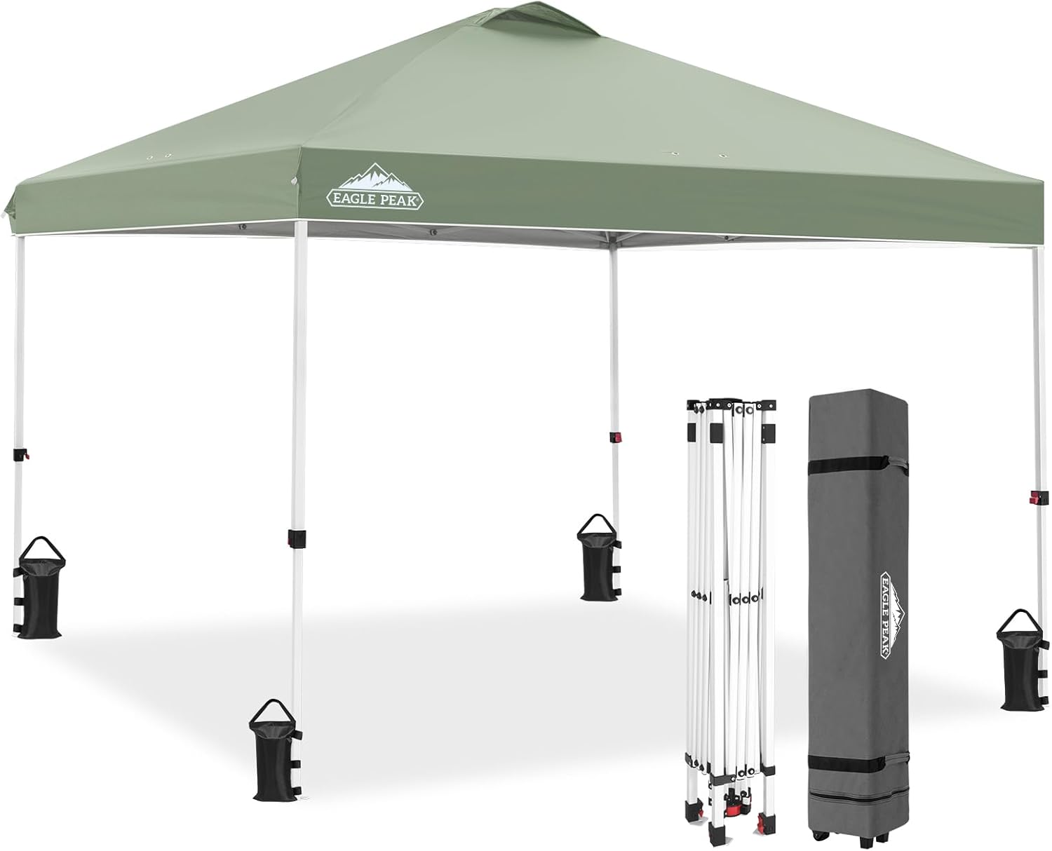 EAGLE PEAK Pop Up Canopy Tent with Wheeled Carry Bag, 8 Stakes, 4 Ropes, 4 Weight Bags, Easy Set Up Tent Canopy, 10x10 ft, 100sqft of Shade, Sage Green